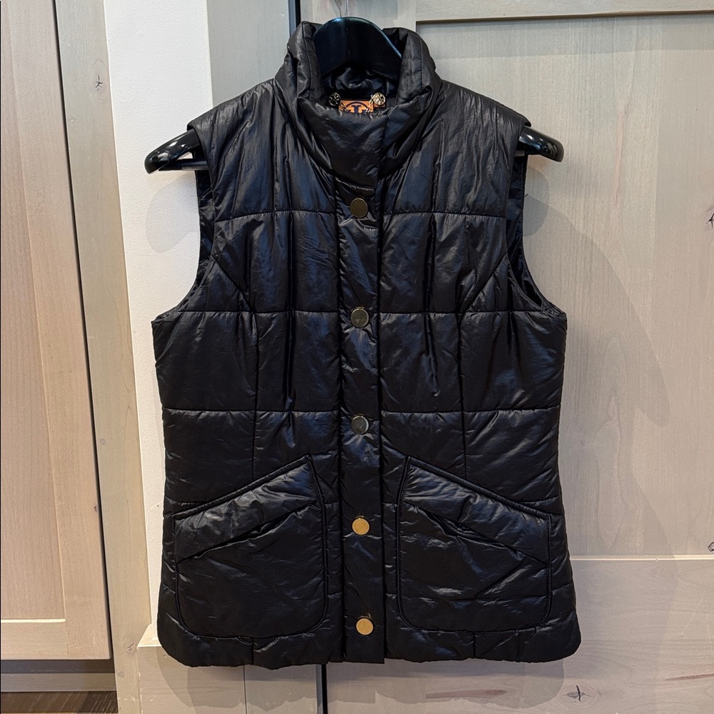 Tory Burch Black Puffer Vest with Gold Buttons medium